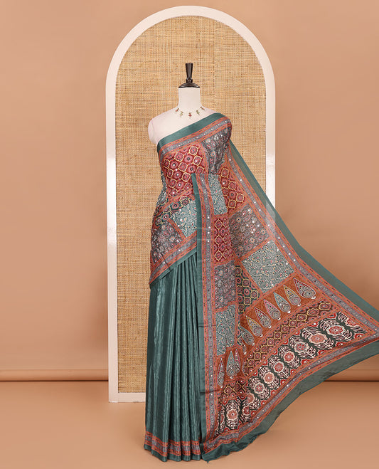 Green geometric patterns kaleidoscope-colored printed & mirror embroidered half-&-half masakali saree, printed border & pallu of embroidery work & plain blouse