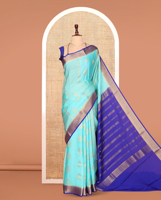 Blue Mysore Silk Saree, Embellished with Zari Buttas All Over Its Body, Complemented by Captivating Contrast Border of Traditional Zari Designs, Zari Designs Woven Pallu and Paired with a Contrast Blouse