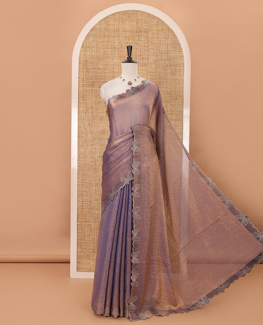 Lavender full-plain Fendi chiffon saree, scallop butterfly-style Swarovski stone work border & stone work matching blouse