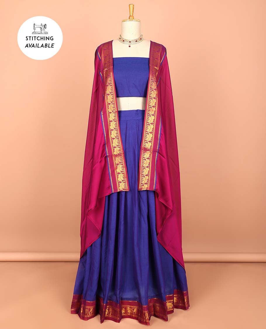 Blue cotton half saree with contrast zari border, plain blouse & plain with zari border dhavani