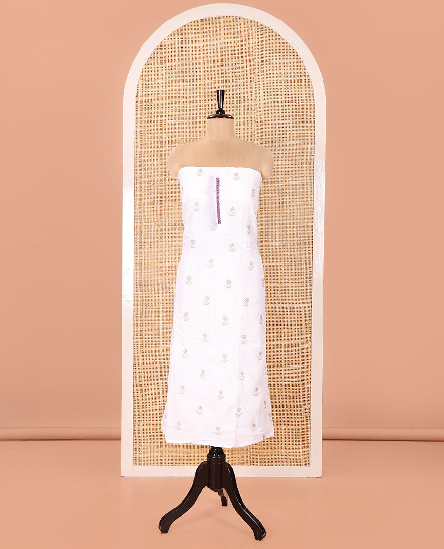 Cream with Lavender Vichitra Silk Material Chudidar Set, Elevated with Gold Zari Buttas On Its Top, a Plain Santoon Bottom, and Comes with a Floral Vine Sequins Embroidered Dupatta