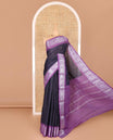 Navy blue and lavender checked sungudi cotton saree, contrast silver zari round peacock border, striped pallu, and a contrast checked blouse