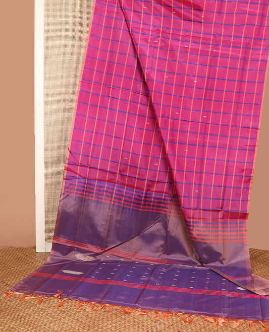 Borderless Pink Banana Pith Saree, Finely Designed with Butta Enclosed Checks All Over Its Body, Complemented by a Contrast Pallu Depicting Stripes and Buttas, and Paired with a Contrast Blouse