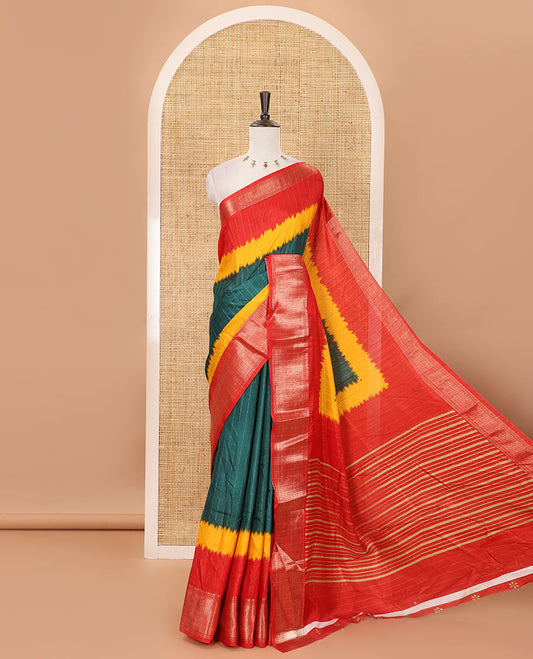 Green zari striped dola silk saree, contarst triple-color dyed traditional zari border, striped pallu & contrast floral printed blouse