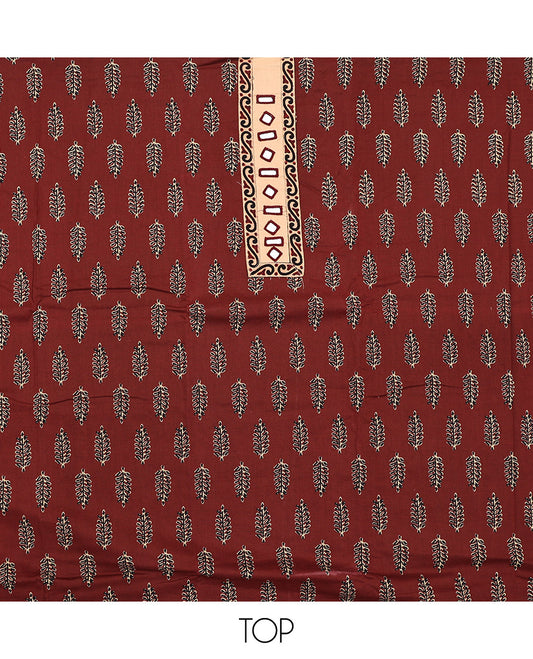 Maroon Cotton Material Chudidar Set, Elevated with Unique Motifs Block Printed on Its Cotton Top, a Plain Cotton Bottom, and Paired with an Intricately Block Printed Cotton Dupatta