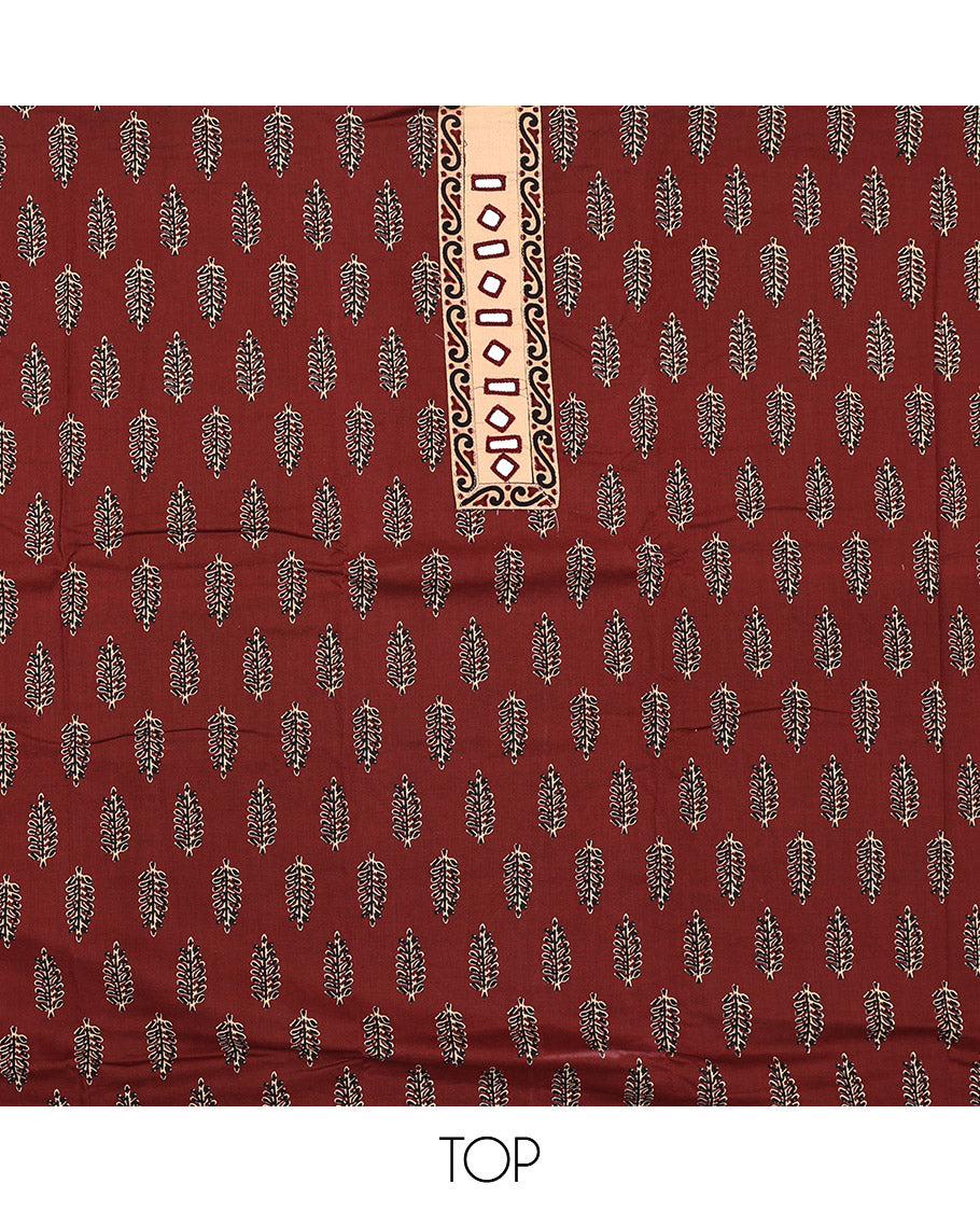 Maroon Cotton Material Chudidar Set, Elevated with Unique Motifs Block Printed on Its Cotton Top, a Plain Cotton Bottom, and Paired with an Intricately Block Printed Cotton Dupatta