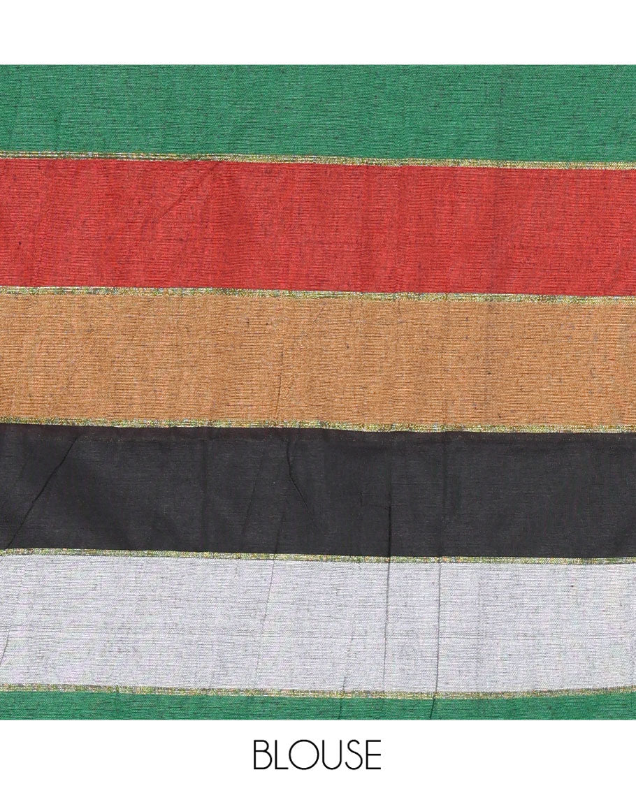 Multi-Color Khadi Mul Cotton Saree, Mesmerized with Vertical Stripes All Over Its Body, Subtle Piping Border, a Self-Pallu, and Paired with a Matching Blouse
