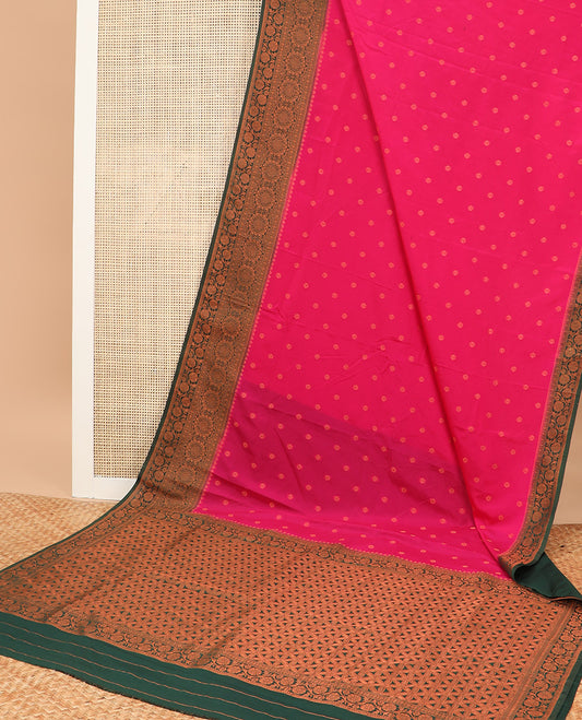 Pink Semi banaras chiffon saree with buttas, contrast traditional design border & floral design pallu