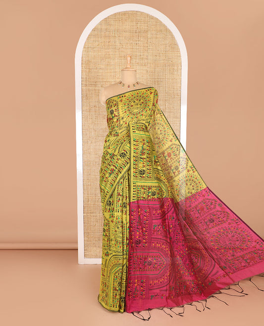 Borderless yellow and pink Warli village printed khadi mul cotton saree, contrast Warli motifs printed pallu, and a plain blouse