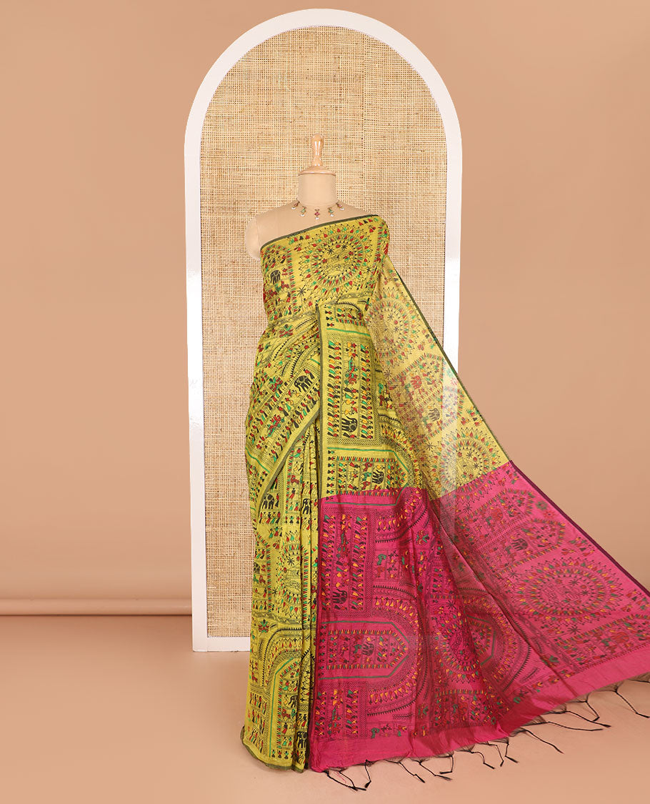 Borderless yellow and pink Warli village printed khadi mul cotton saree, contrast Warli motifs printed pallu, and a plain blouse