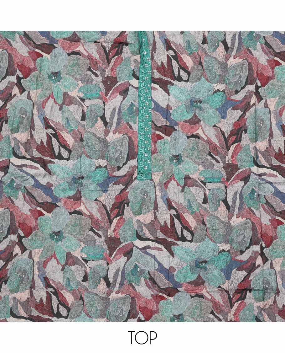 Green chudidhar material set floral printed with sequins embroidery top, plain bottom & floral motif sequins embroidery dupatta