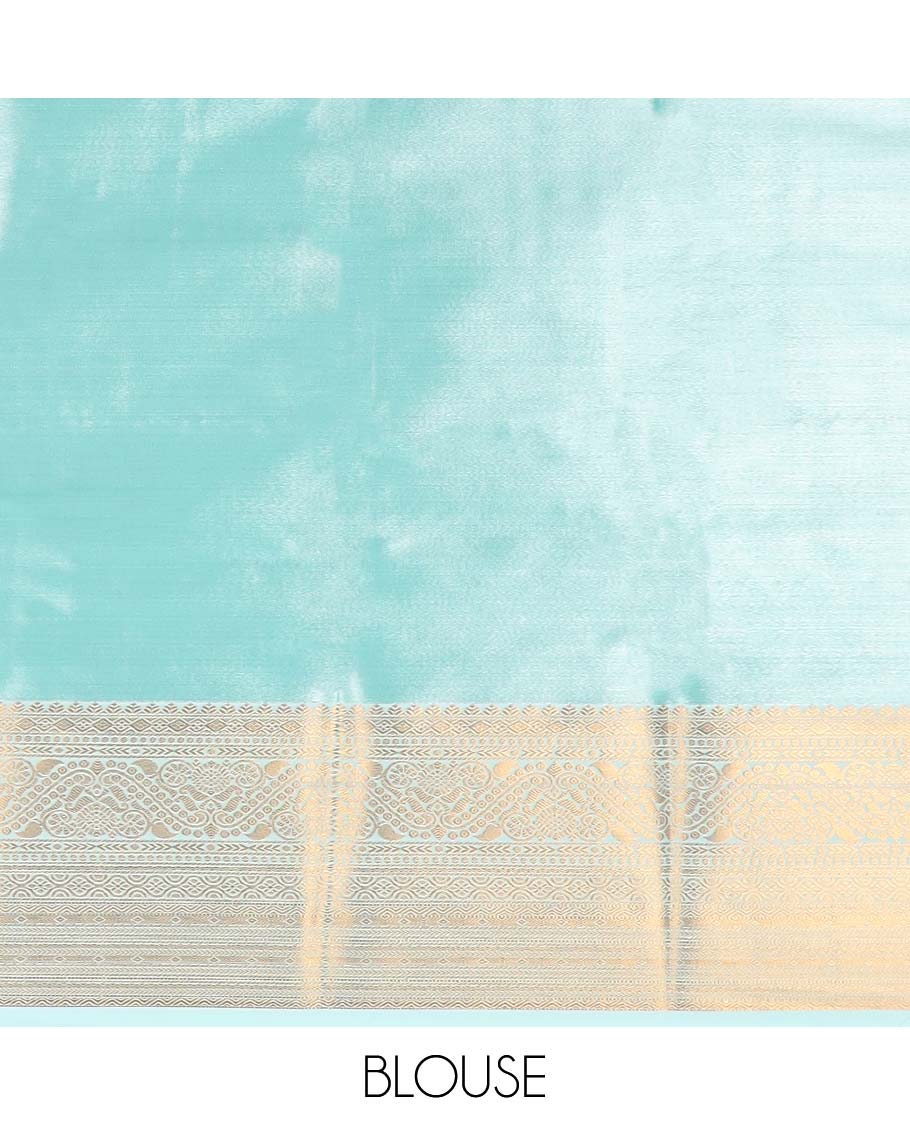 Blue geometric design budget silk saree with self zari border & floral zari design pallu
