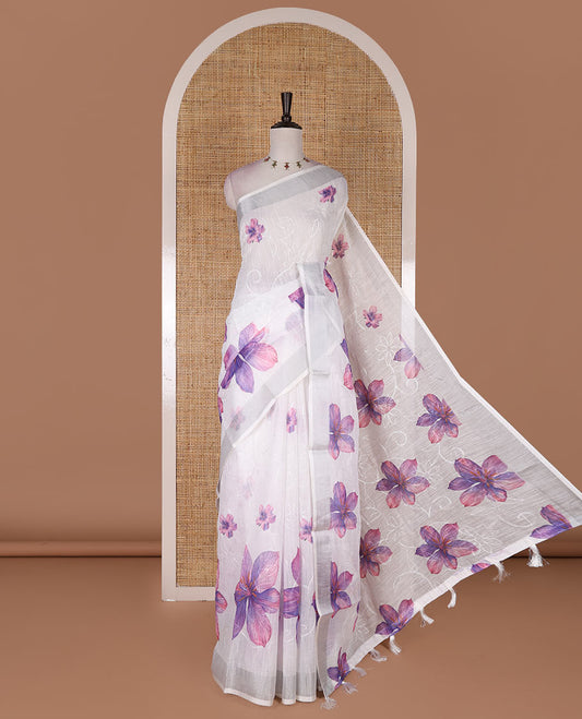 White big flower printed with Chikankari-style thread floral embroidered linen cotton saree, zari bavanji border, and blouse of print and embroidery work