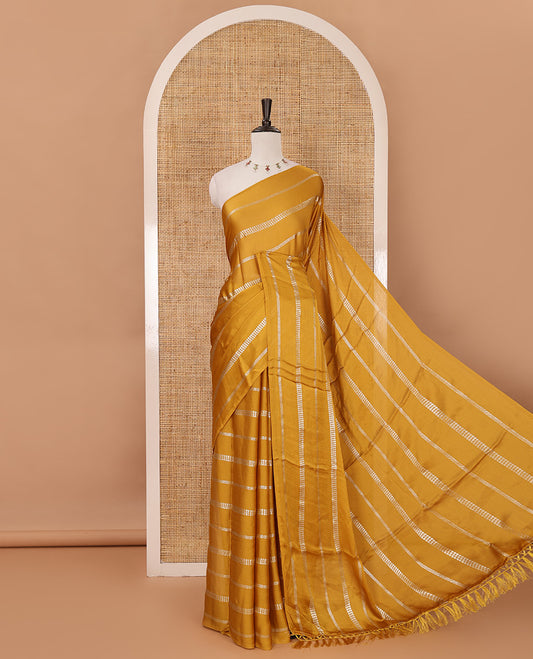 Borderless yellow horizontal-style stripes foli printed Fendy chiffon saree