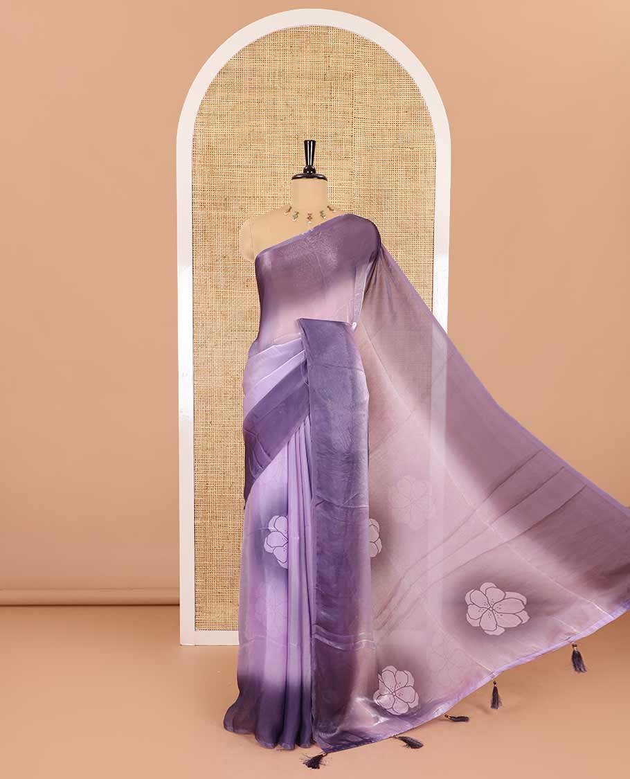 Borderless lavender floral motifs printed fendy satin saree with a self-pallu and a matching blouse