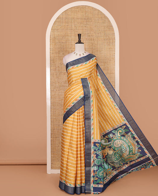 Mustard shibori-style printed soft-tussar saree, contrast zari border, kalamkari peacock printed pallu & kalamkari floral vine print contrast blouse