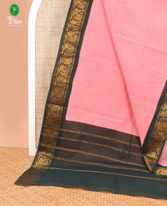Pink with bottle green gold zari checks sungudi cotton saree, contrast jacquard border & chit lining pallu along with checked design blouse