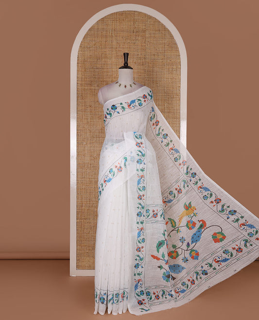 White buttas linen cotton saree, self-border of floral and peacock motifs paithani style printed border, pallu and plain blouse