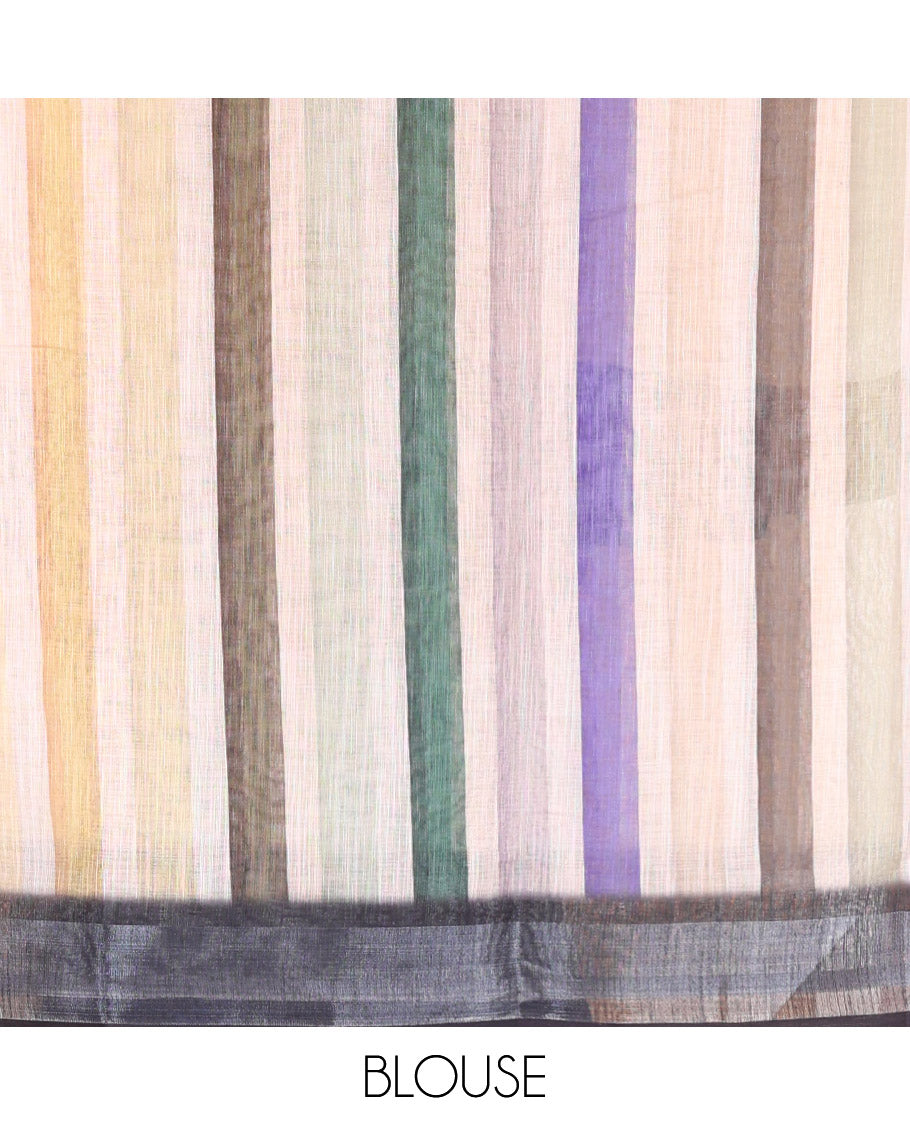 Black Linen Cotton Saree, Creatively Printed with Chess Coin Motifs on Its Body, Highlighted by a Zari Border of Multi-Color Stripes, Pallu Steeped with Multi-Color Stripes, and Paired with a Contrast Blouse