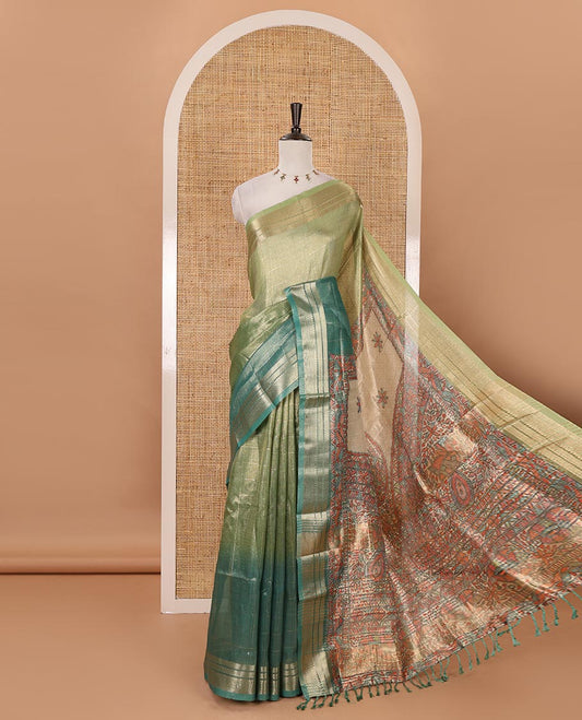 Green-ombre zari checked tissue saree, gold zari design border, Madhubani-style digital printed pallu & Madhubani printed blouse
