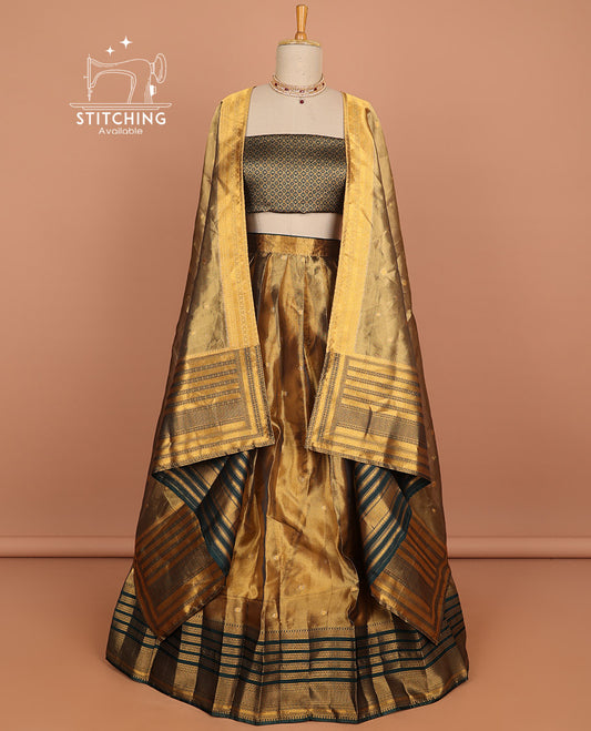 Brown  buttas half saree with contrast dark green striped border, ogee zari design blouse & butta , striped zari design dhavani