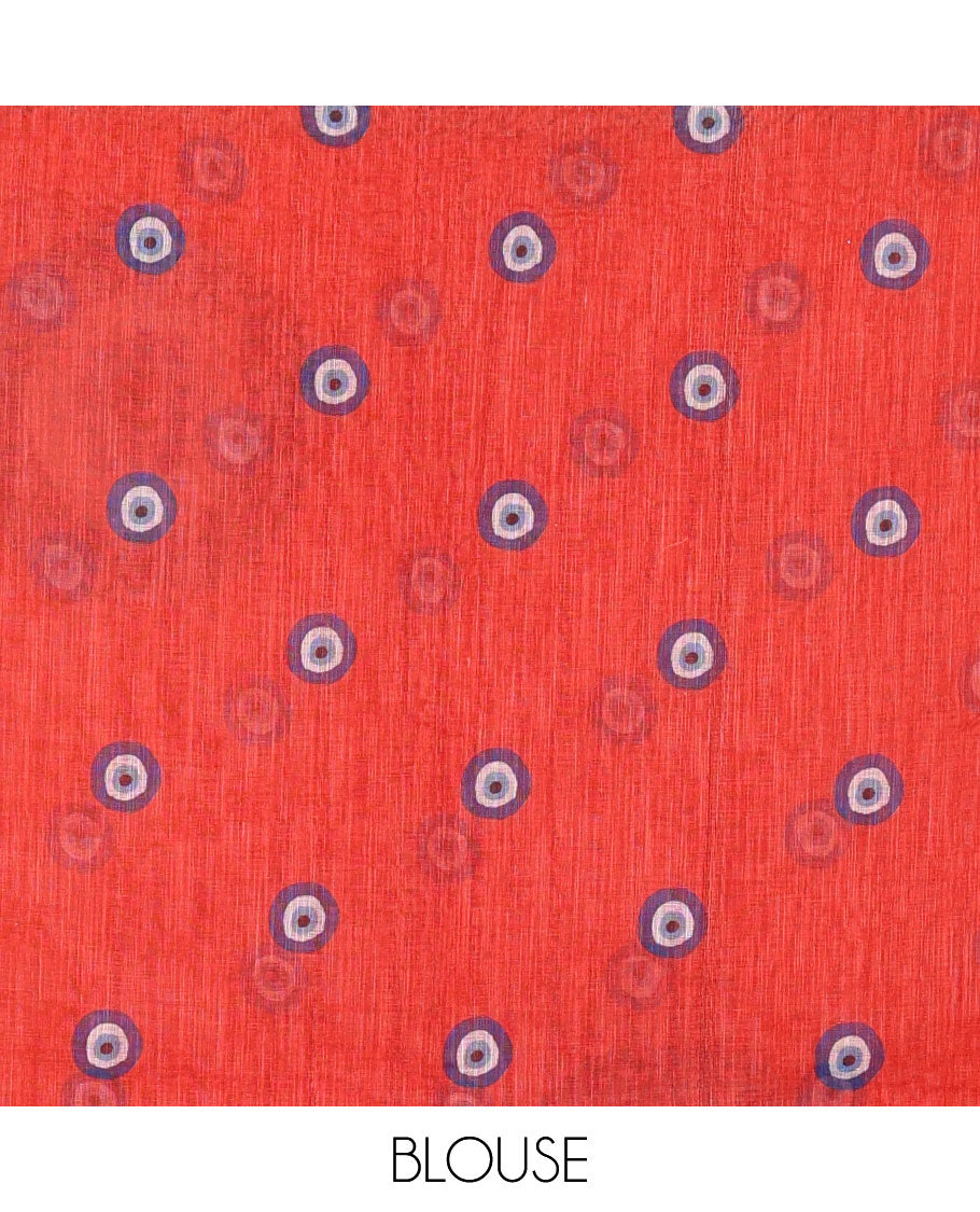 Red evil eye motifs printed linen cotton saree, diamond motifs printed with piping border, chevron printed pallu, and a matching blouse