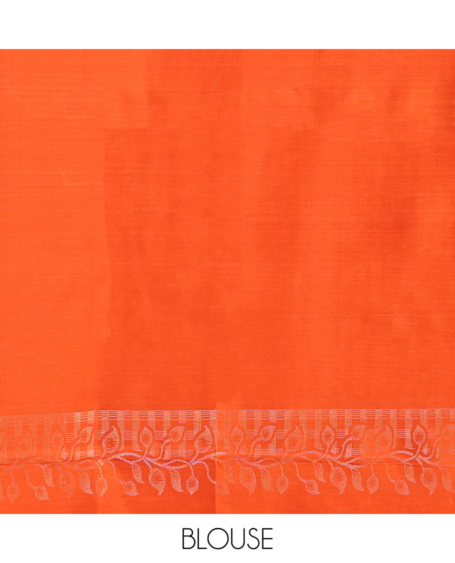Borderless Orange Mayuri Soft Silk Saree, Sparsely Threaded with Leaf Buttas and Floral Buttas All Over Its Body, Zari Checked Pallu, and Paired with a Matching Blouse