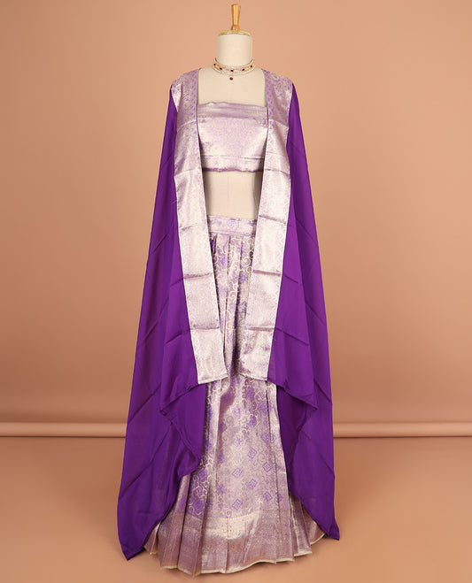 lavender floral jacquard half saree with self floral zaei design border , zari design blouse & plain, zari design border dhavani