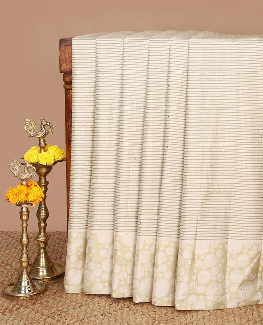 Chikku color with mustard green  stripes, block print fancy tussar silk saree with polka dot border & polka dot printed pallu along with printed blouse