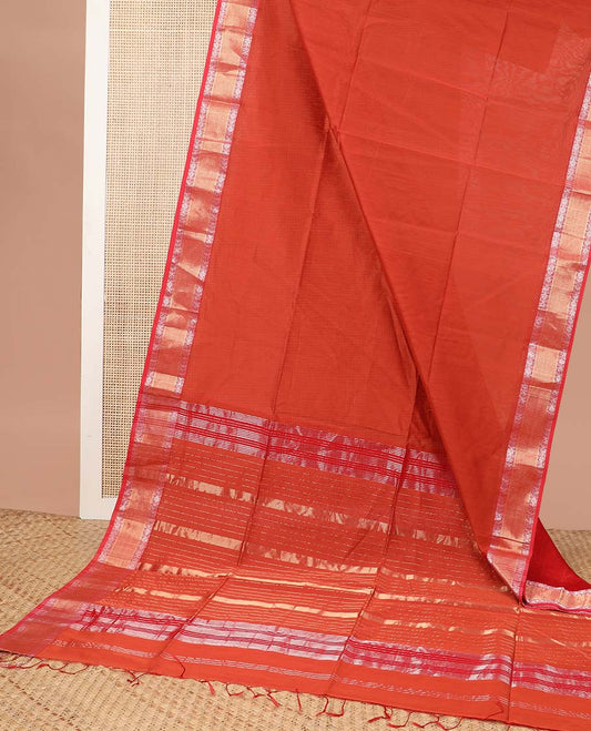 Red maheswari cotton saree with self zari design border & striped pallu