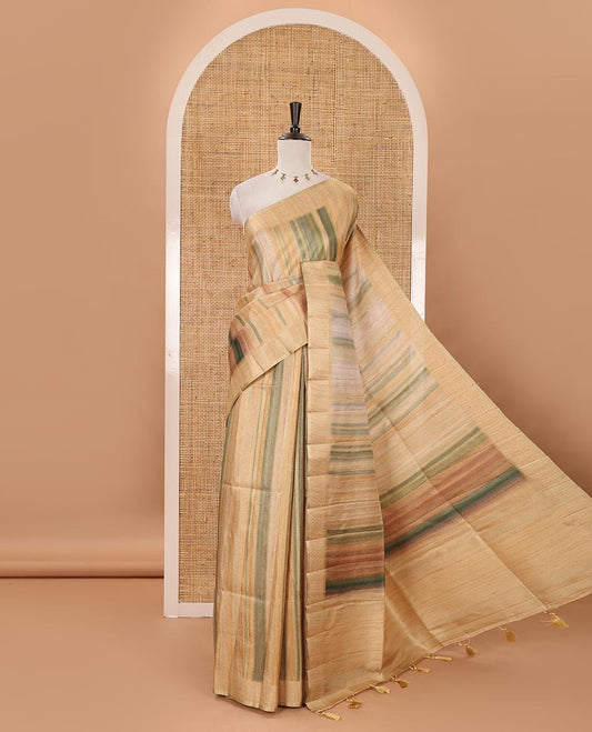 Chikku hand brushing-style multi-colored stripes printed fancy tussar silk saree, zari border, self-pallu & blouse of zari work & stripes print