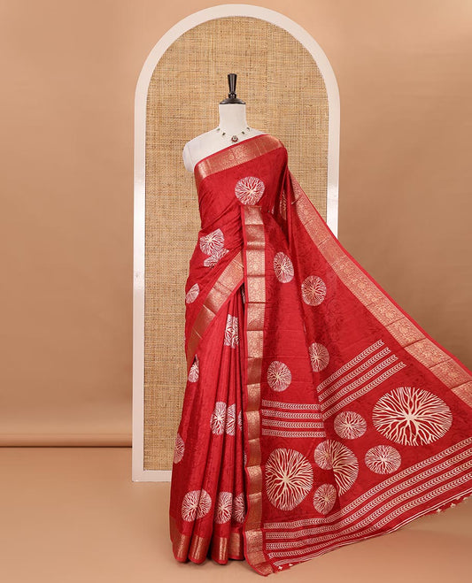 Red shibori printed fancy tussar saree, traditional zari border, shibori printed pallu & matching printed blouse with zari border