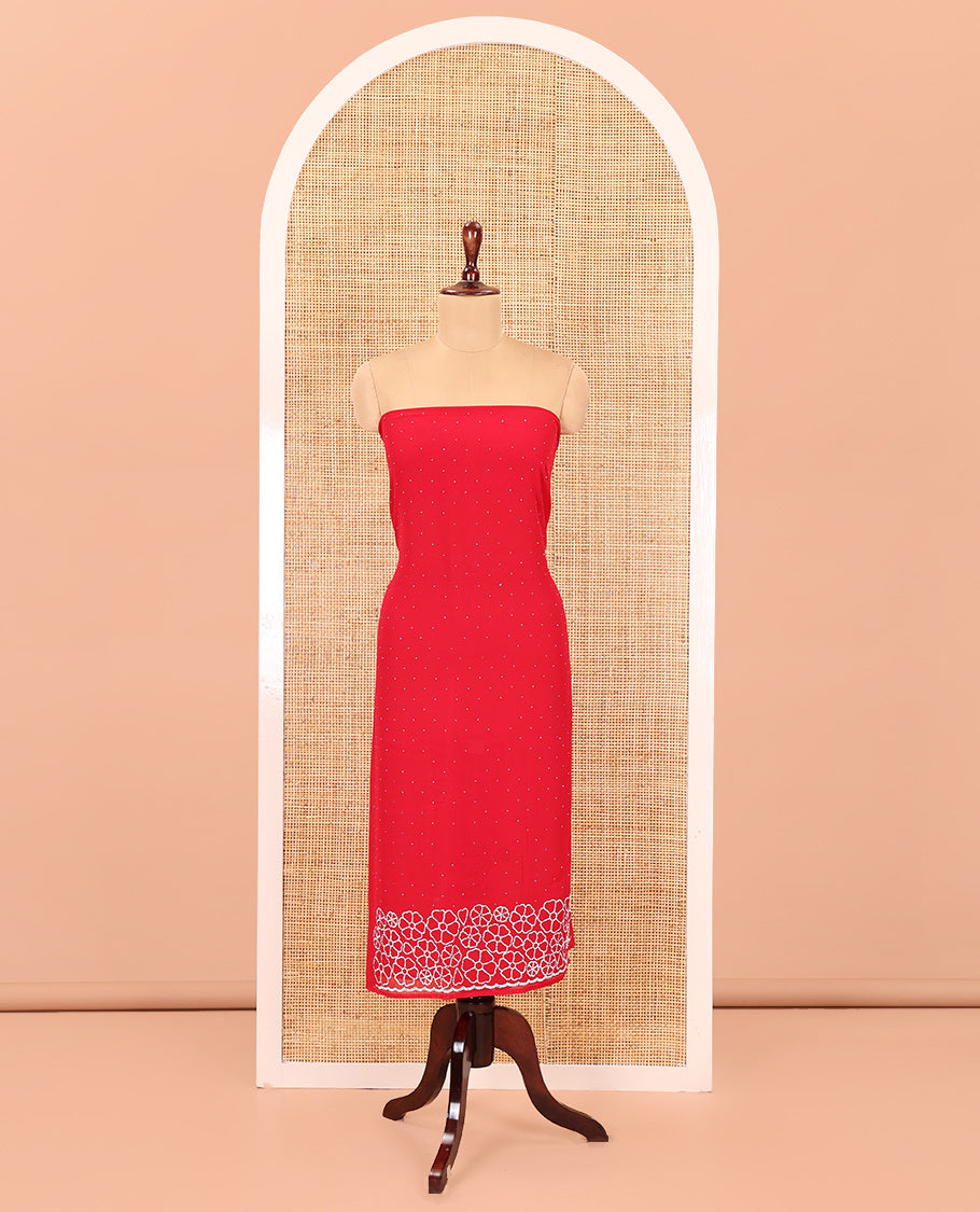 Tomato Red Material Chudidar Set, Adorned with Swarovski Stonework and Floral Fox Georgette Top, a Plain Bottom, and Stonework Dupatta
