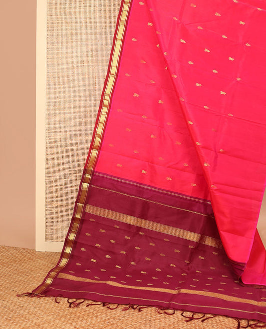 Pink buttas kancheepuram silk saree with contrast border of banaras, kuyil kann design & zari design pallu