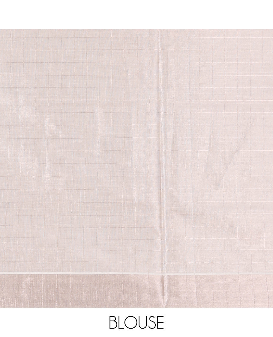 Off-White Kerala Saree, Sparsely Woven Zari Checks on Its Body, Subtly Sparkled Zari Bavanji Border, Pallu of Zari Checks, and Paired with a Matching Blouse