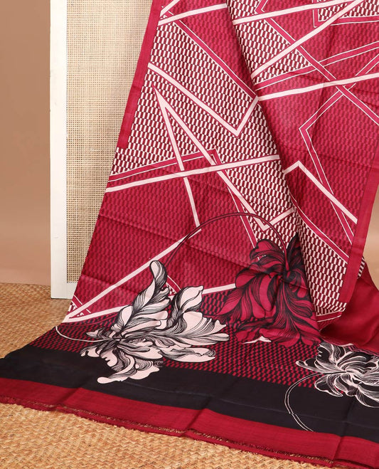 Red checkered printed silk saree with contrast border & floral design pallu