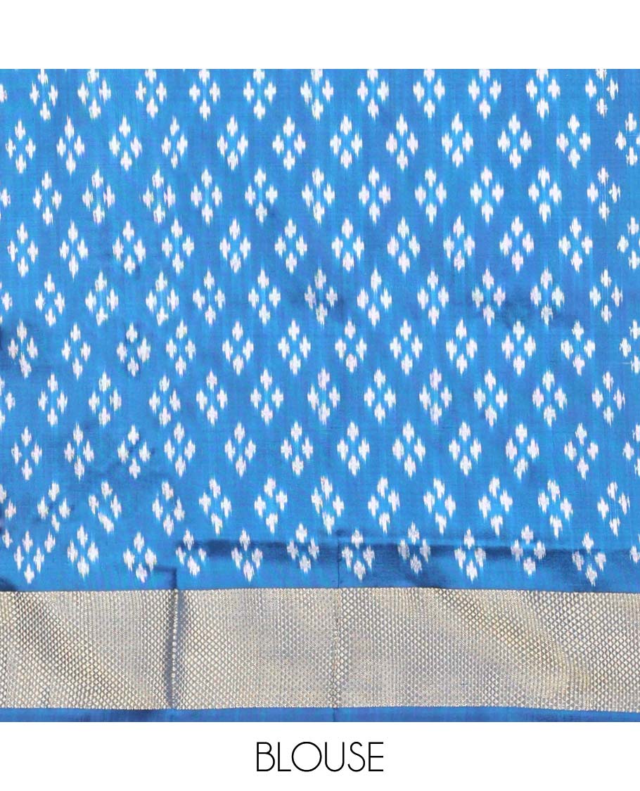 Blue striped ikkat silk saree with contrast zari border & floral design pallu