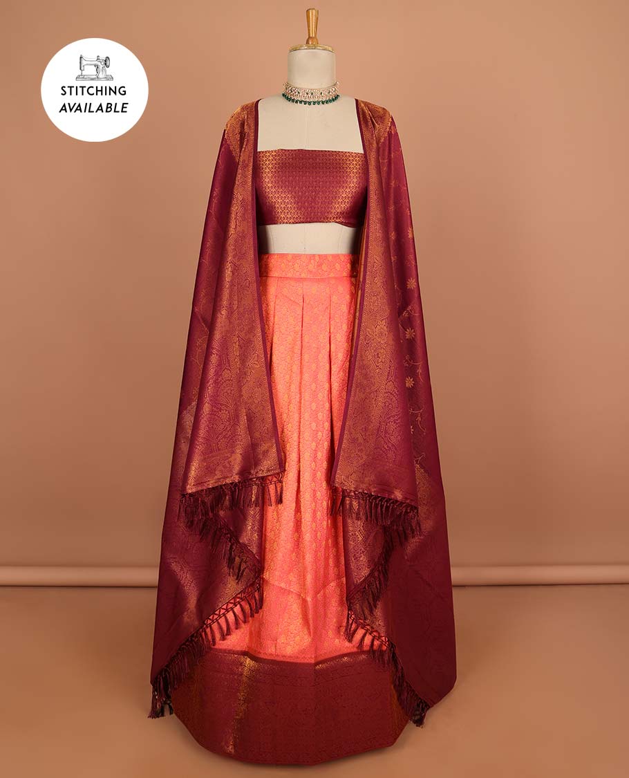 Blue buttas half sare with contrast zari border, zari design blouse & floral design dhavani