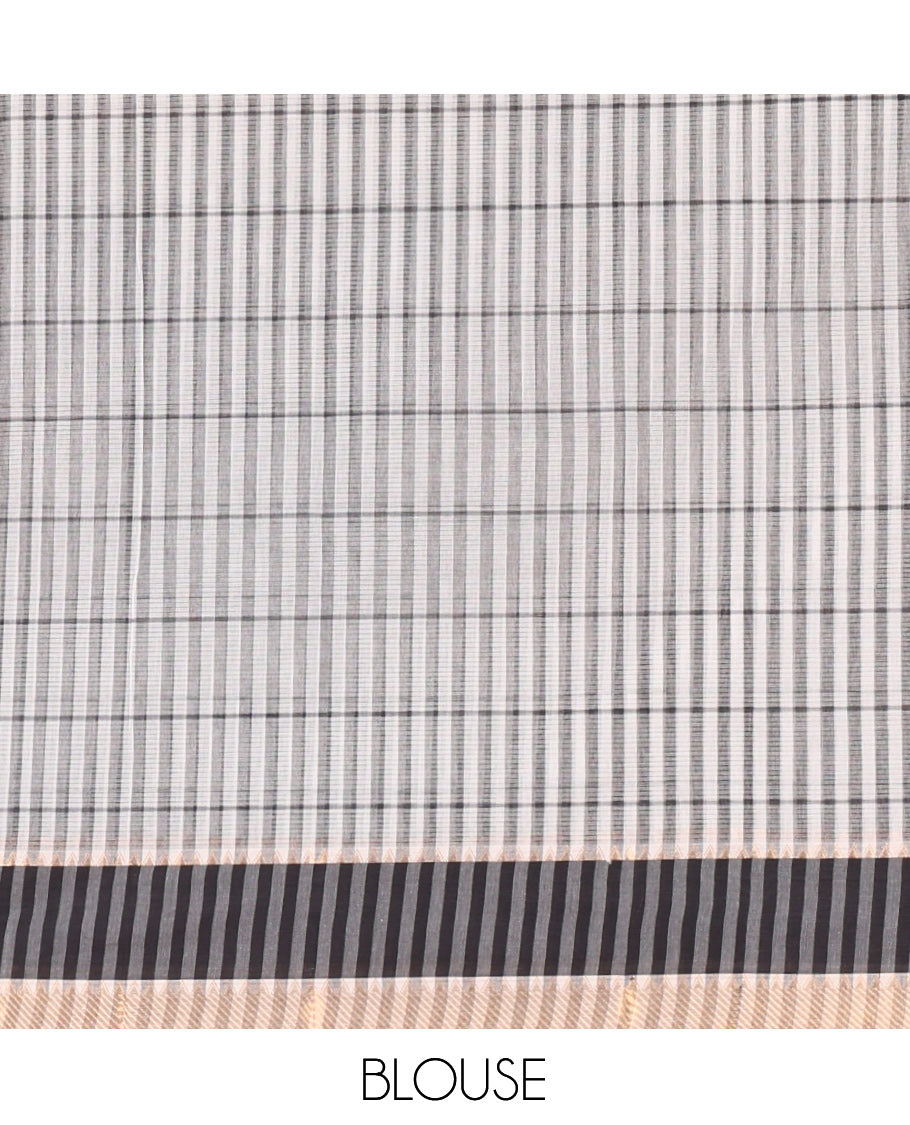 White Andhra Cotton Saree, Woven with Checks, a Contrast Zari Traditional Border, Striped Pallu, and a Contrast  Blouse
