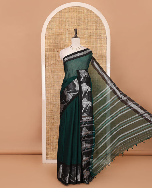 Green full-plain Mercerised cotton saree, contrast sliver zari Dancing Bharatanatyam girl motifs woven border, striped pallu & plain blouse