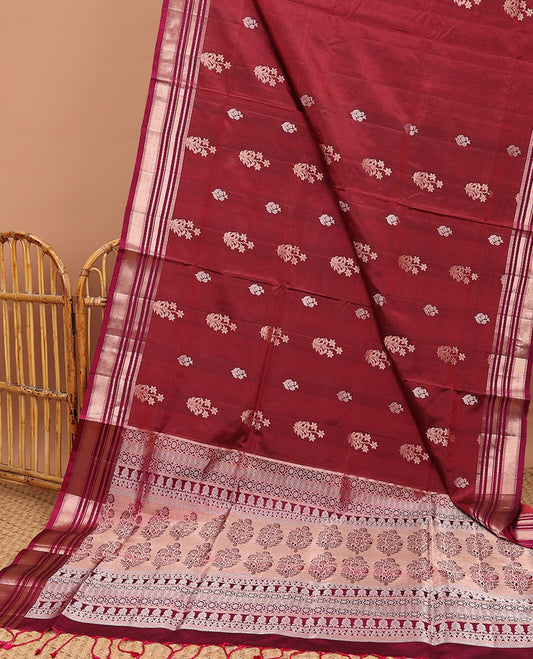 Red striped soft silk saree with floral buttas, contrast border of muthu & mayil kann & pallu of floral designs