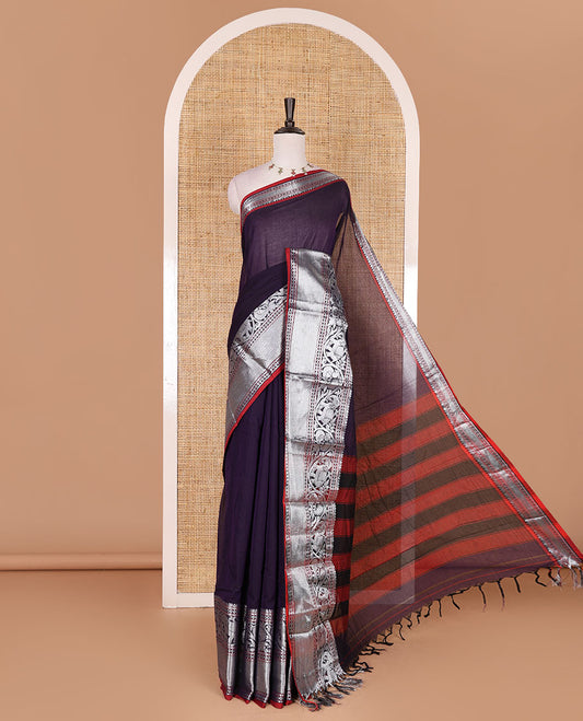 Violet plain mercerised cotton saree, contrast traditional zari border of elephant and peacock designs, striped pallu, and plain blouse