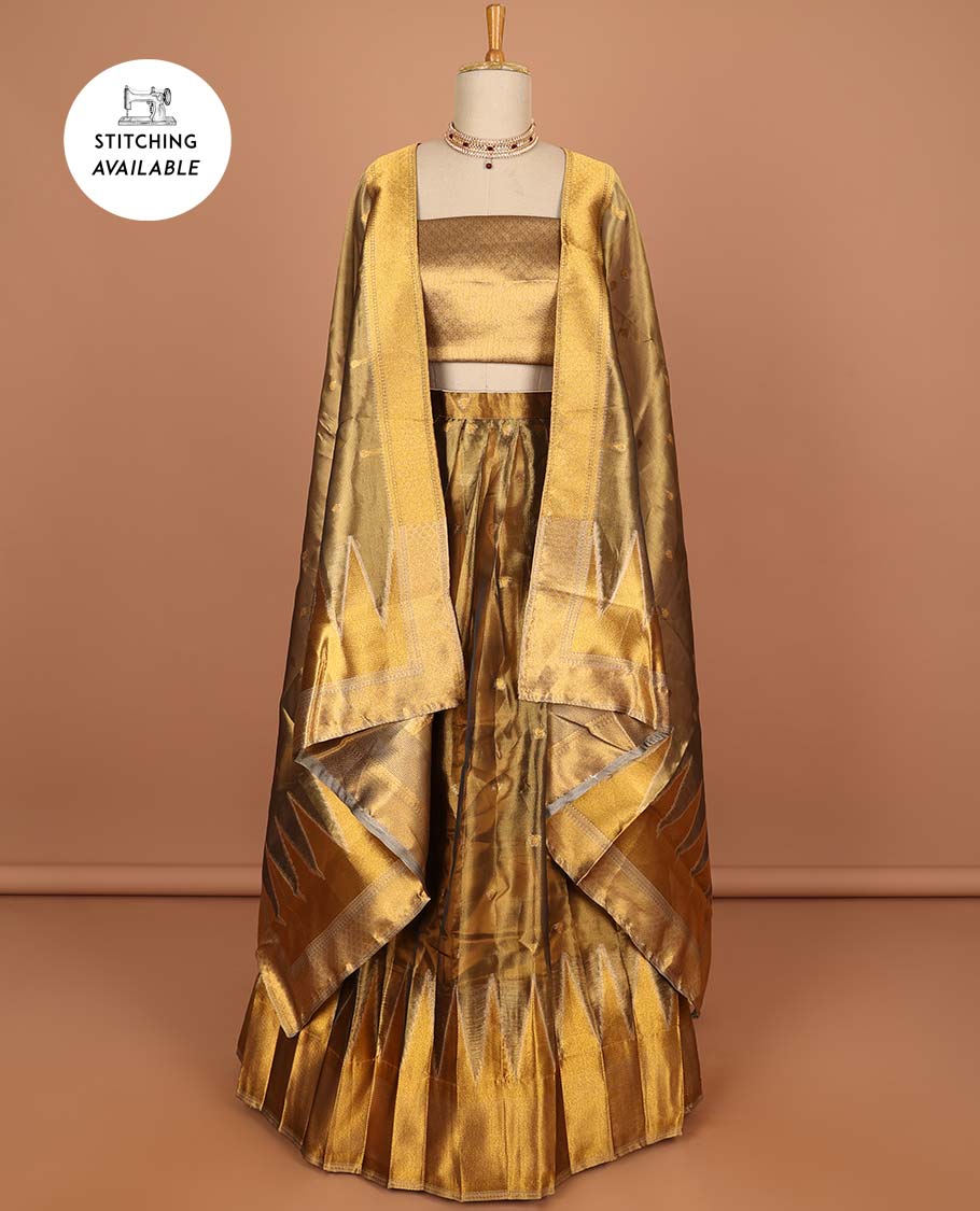 Brown buttas half saree with contrast temple border , zari design blouse & floral zari design dhavani