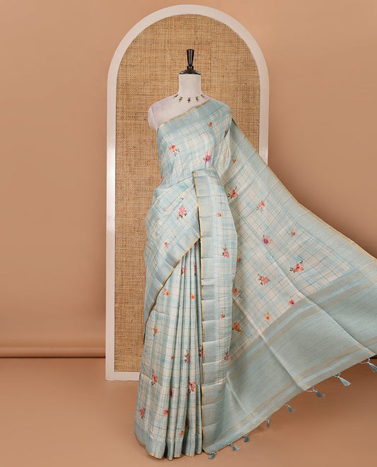 Blue Burberry checked & floral printed fancy tussar silk saree, zari woven border & zari checked pallu & matching blouse of striped & floral print