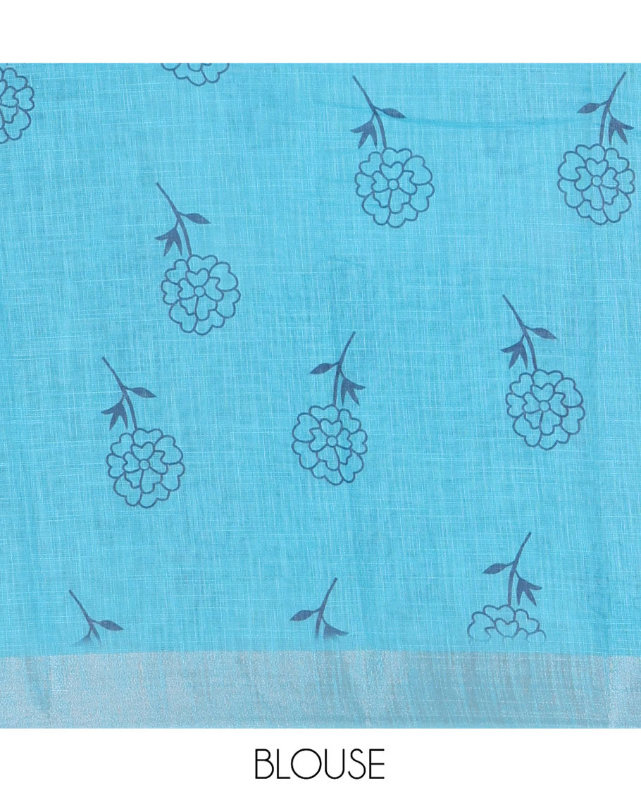 Blue Linen Cotton Saree, Subtly Sparkled with Floral Vine Motifs Printed All Over Its Body, Subtle Bavanji Border, Pallu Steeped with Stripes, and Paired with a Floral Printed Blouse