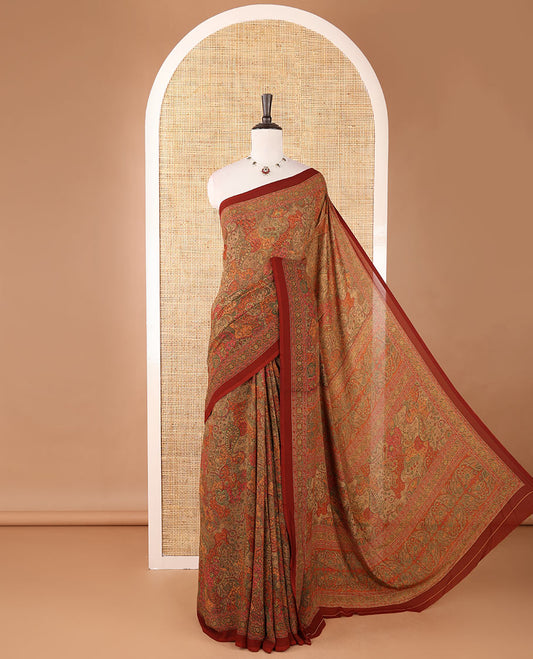 Maroon intricate paisley printed kimaya saree, floral printed border, paisley printed pallu & contrast printed blouse