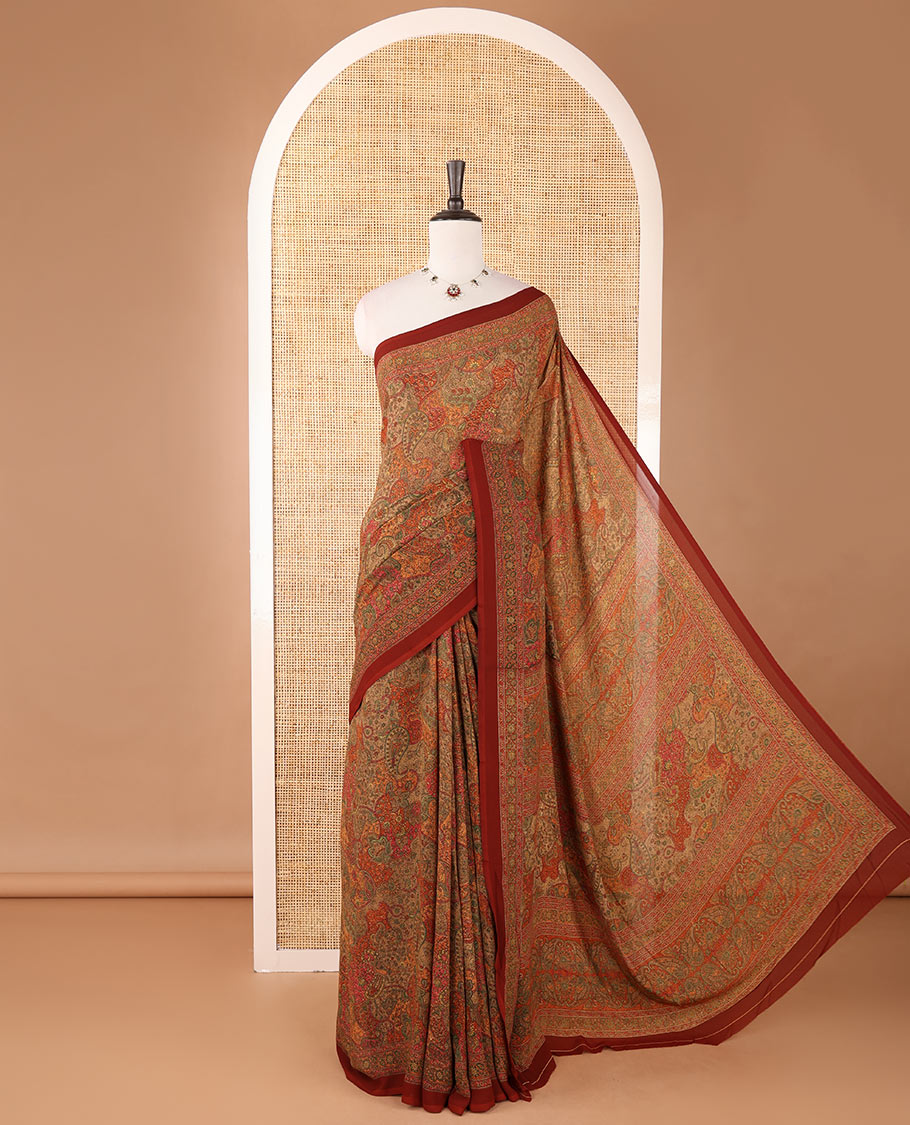 Maroon intricate paisley printed kimaya saree, floral printed border, paisley printed pallu & contrast printed blouse