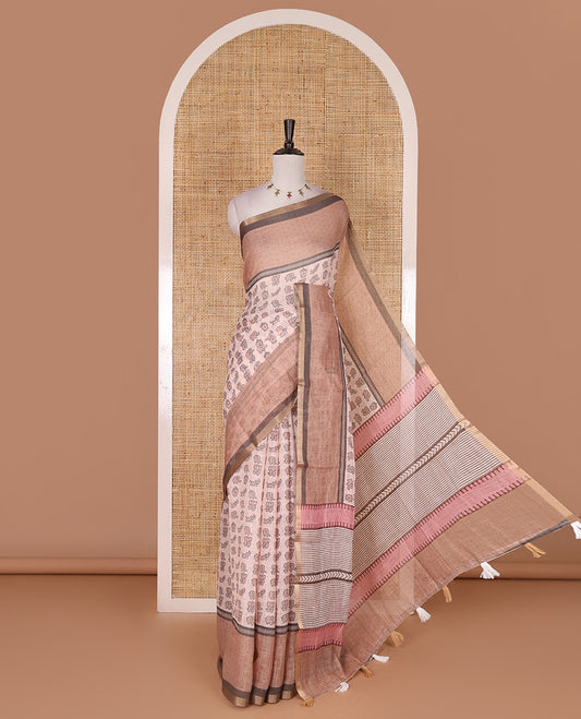 Peach cute elephant motifs printed linen cotton saree, contrast chevron border, pallu of stripes and chevron, and contrast printed blouse