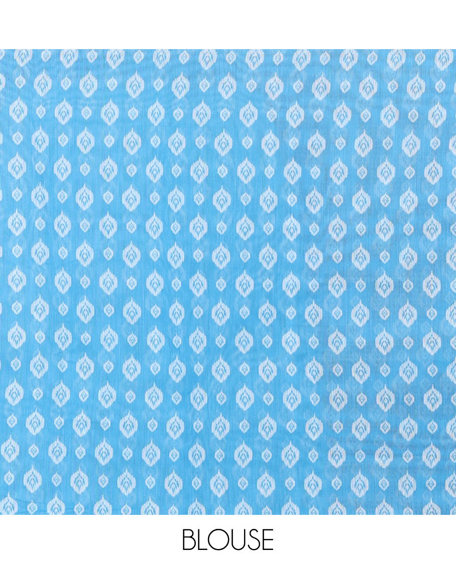 White and blue musical note motifs printed Chanderi cotton saree, zari piping border, geometric printed pallu, and a unique motifs printed blouse