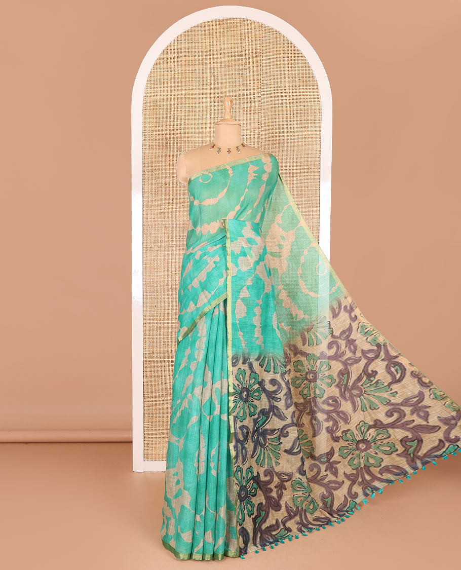 Borderless green batik printed linen cotton saree, hand brush painting style floral vine printed pallu, and contrast floral printed blouse